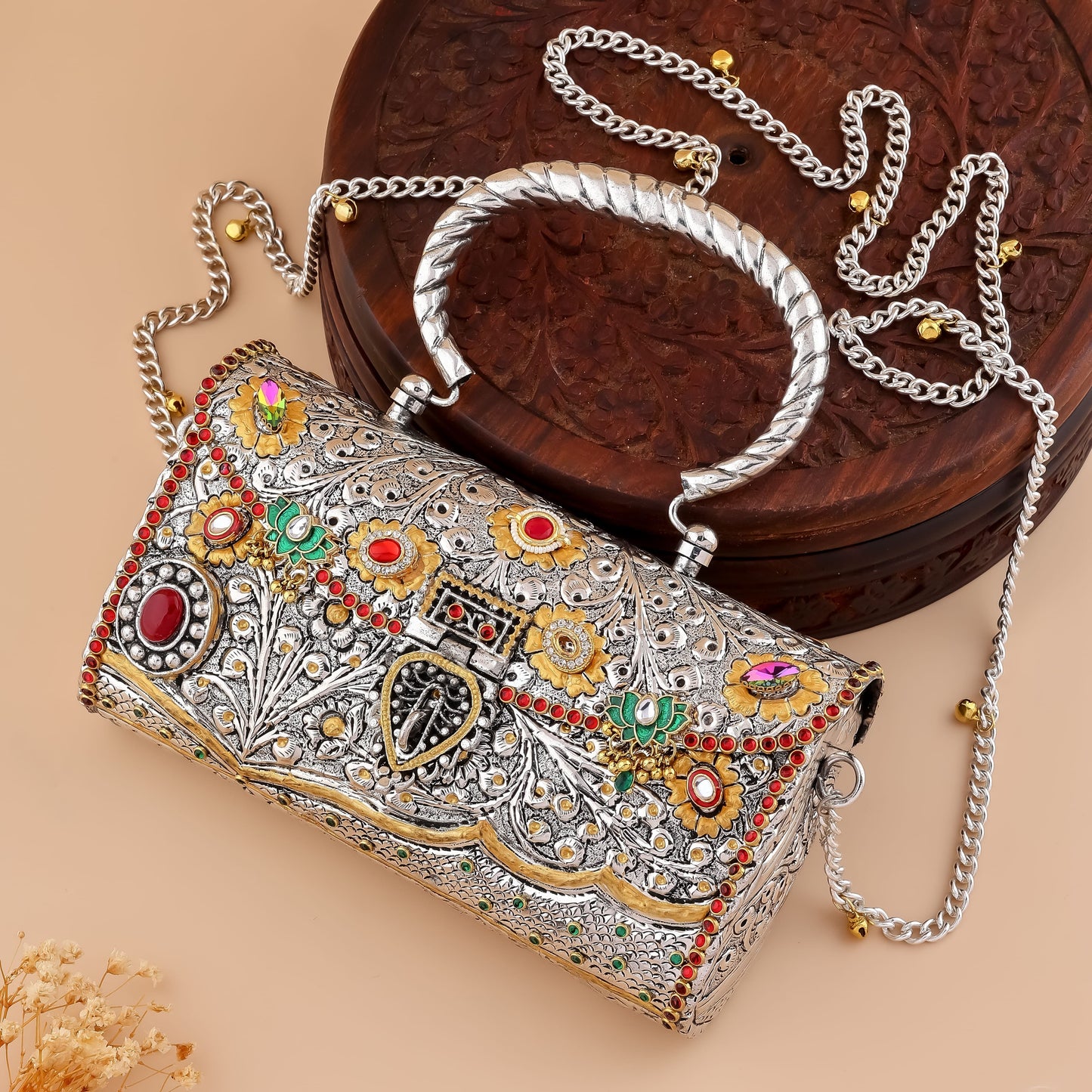 Ethnic Royal Clutch Bag with Kundan & Floral Motifs